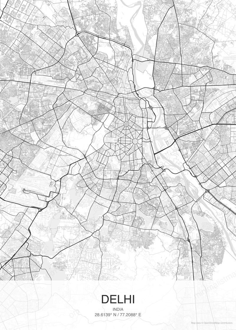 Delhi map poster classic style - minimalist black and white city map