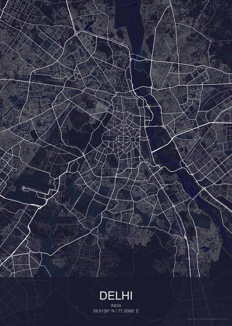 Delhi map poster dark style - minimalist navy city map