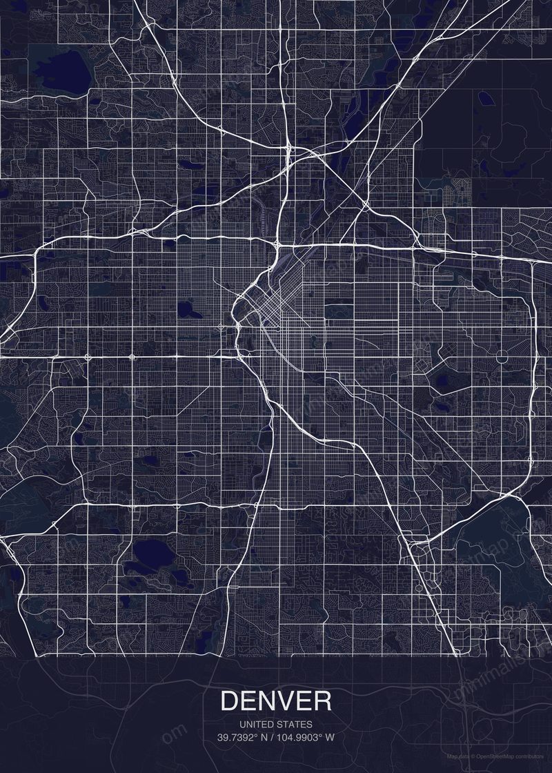 Denver map poster dark style - minimalist navy city map