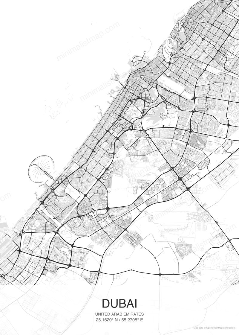 Dubai map poster classic style - minimalist black and white city map