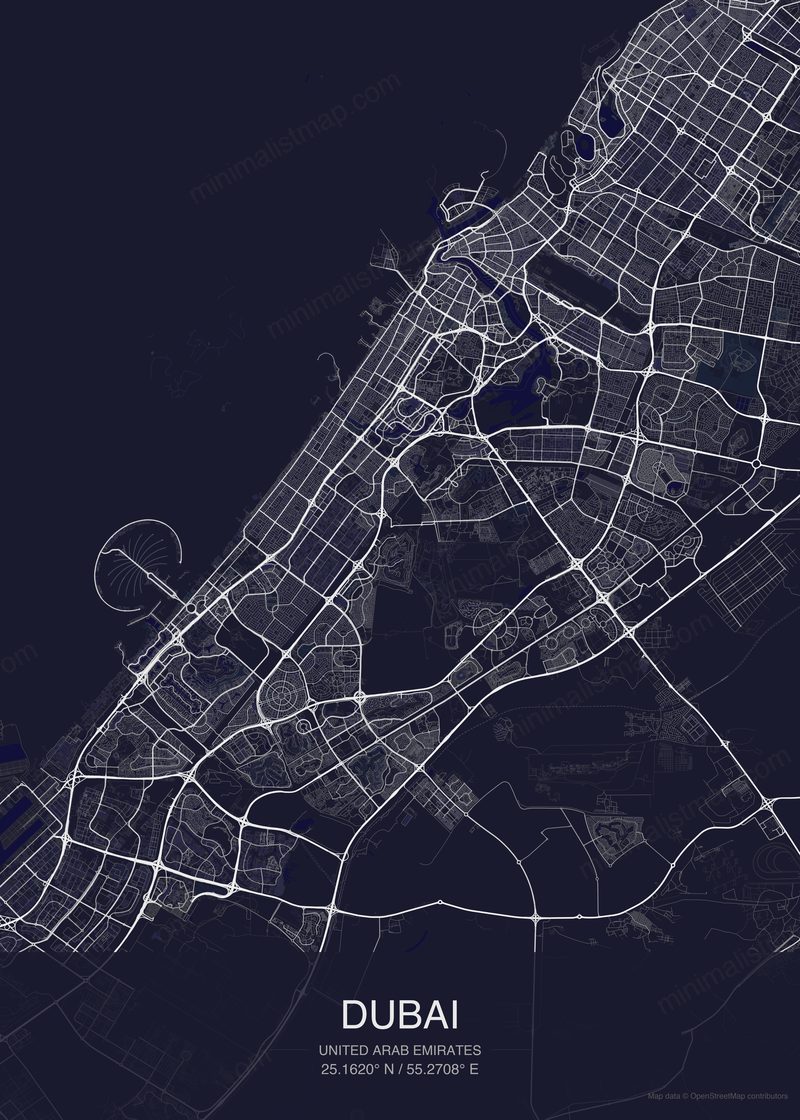 Dubai map poster dark style - minimalist navy city map