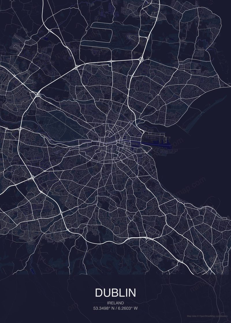 Dublin map poster dark style - minimalist navy city map