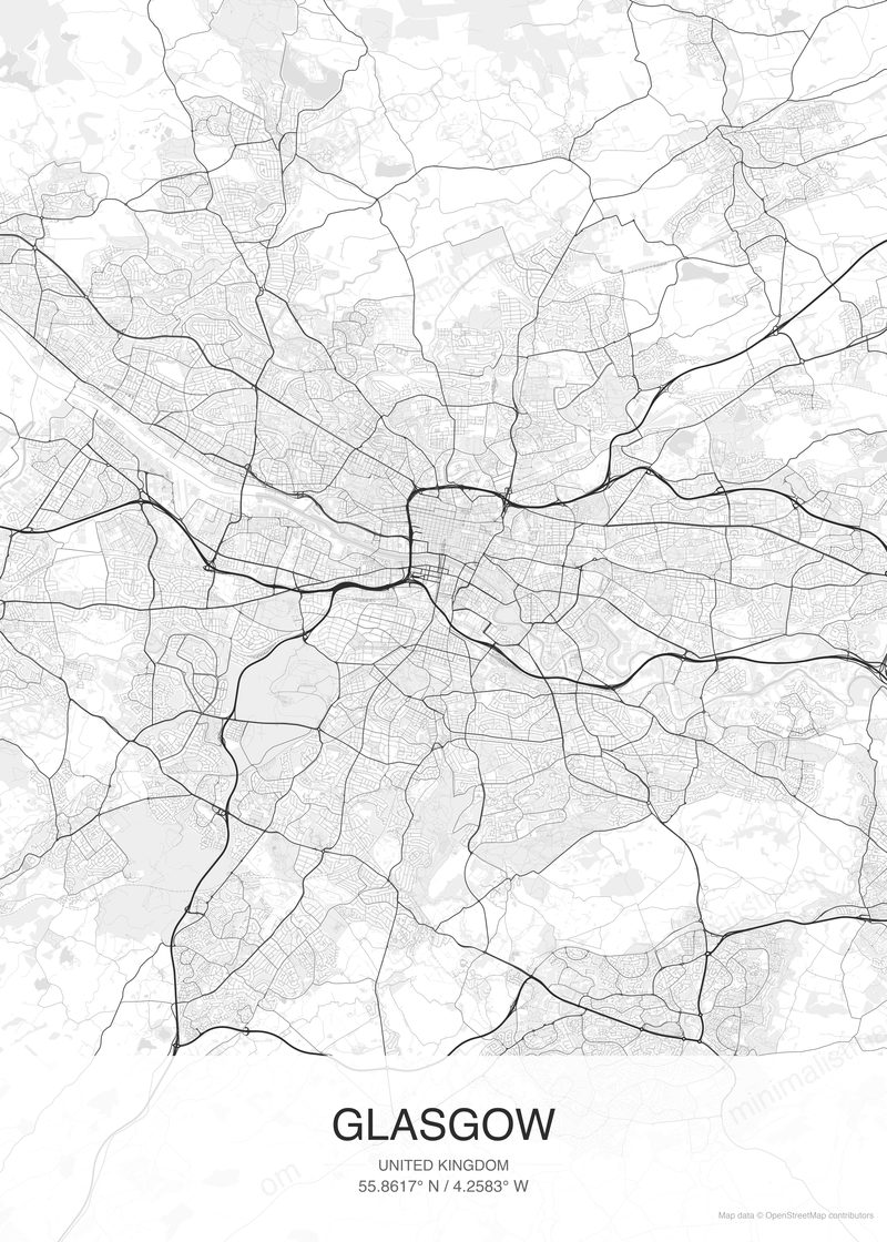 Glasgow map poster classic style - minimalist black and white city map