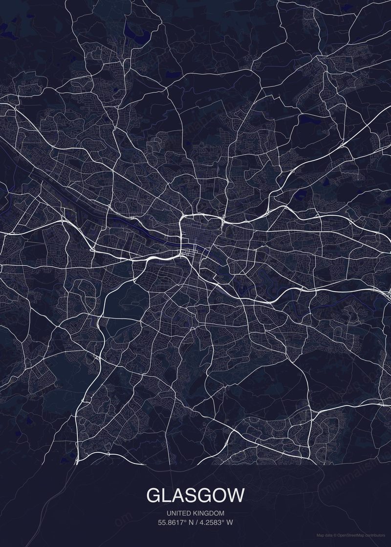 Glasgow map poster dark style - minimalist navy city map
