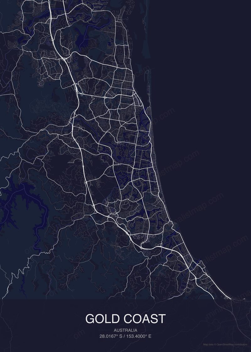 Gold Coast map poster dark style - minimalist navy city map