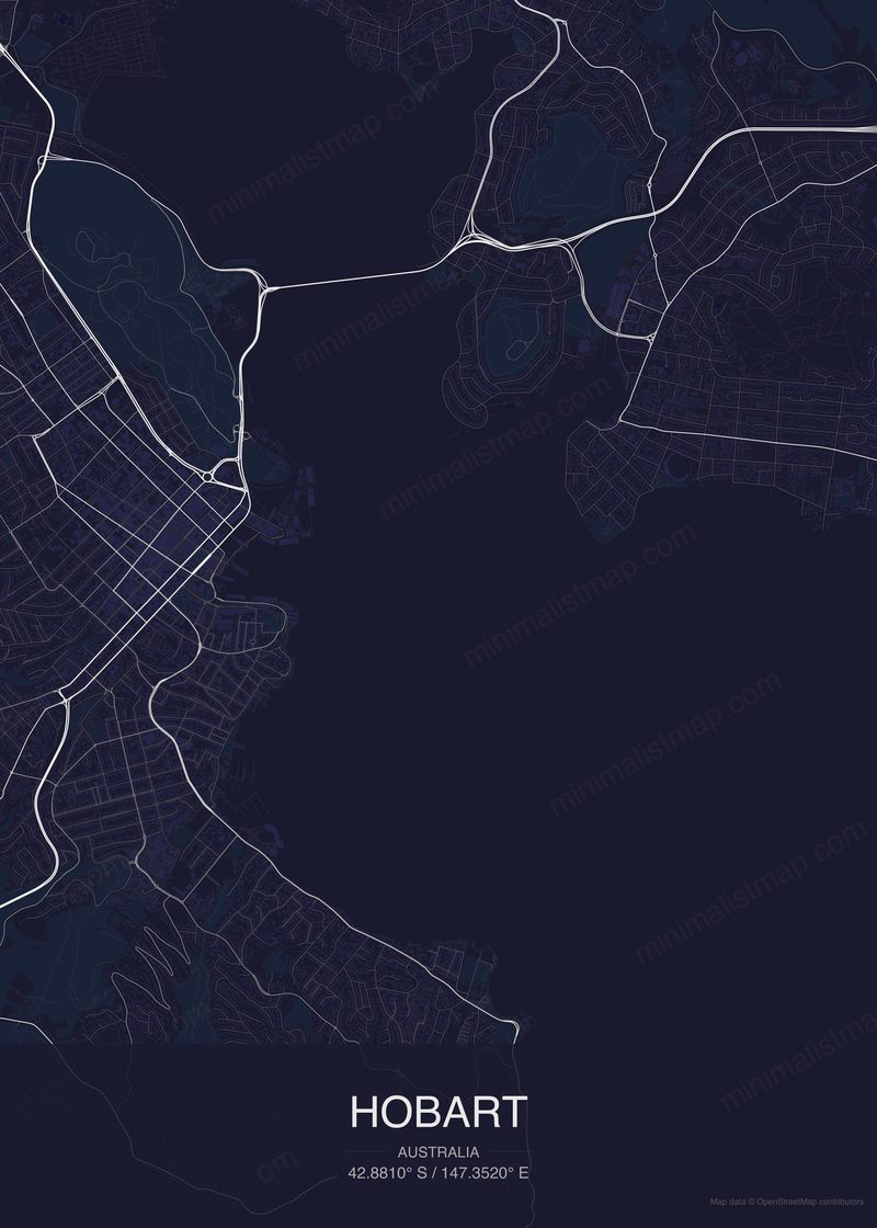 Hobart map poster dark style - minimalist navy city map