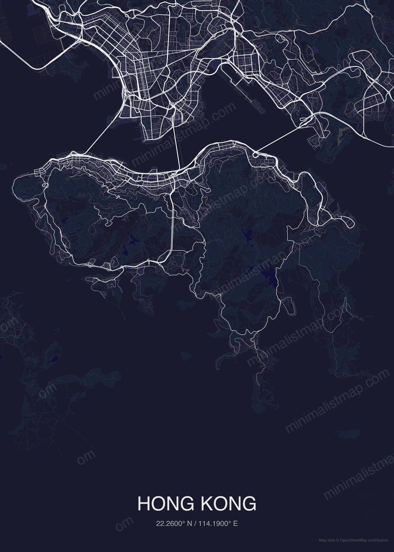 Hong Kong map poster dark style - minimalist navy city map
