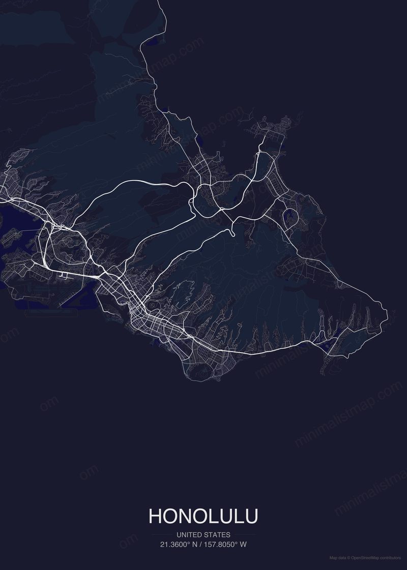 Honolulu map poster dark style - minimalist navy city map