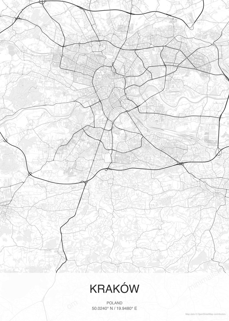 Kraków map poster classic style - minimalist black and white city map