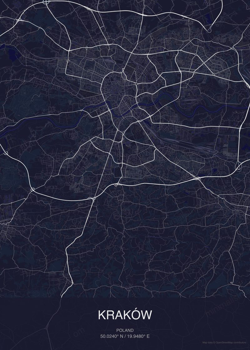 Kraków map poster dark style - minimalist navy city map