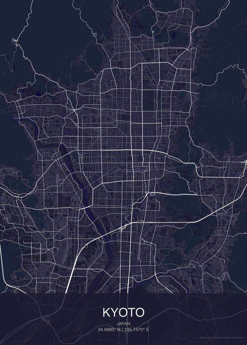 Kyoto map poster dark style - minimalist navy city map