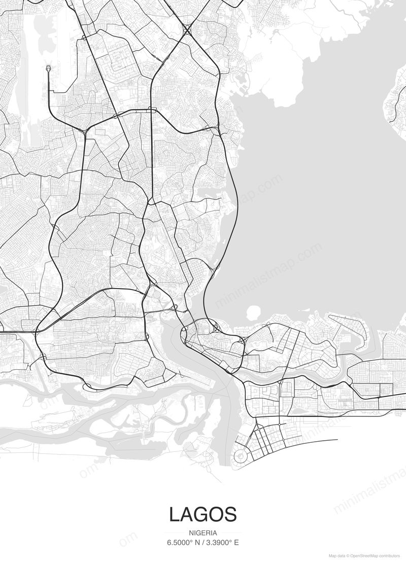 Lagos map poster classic style - minimalist black and white city map