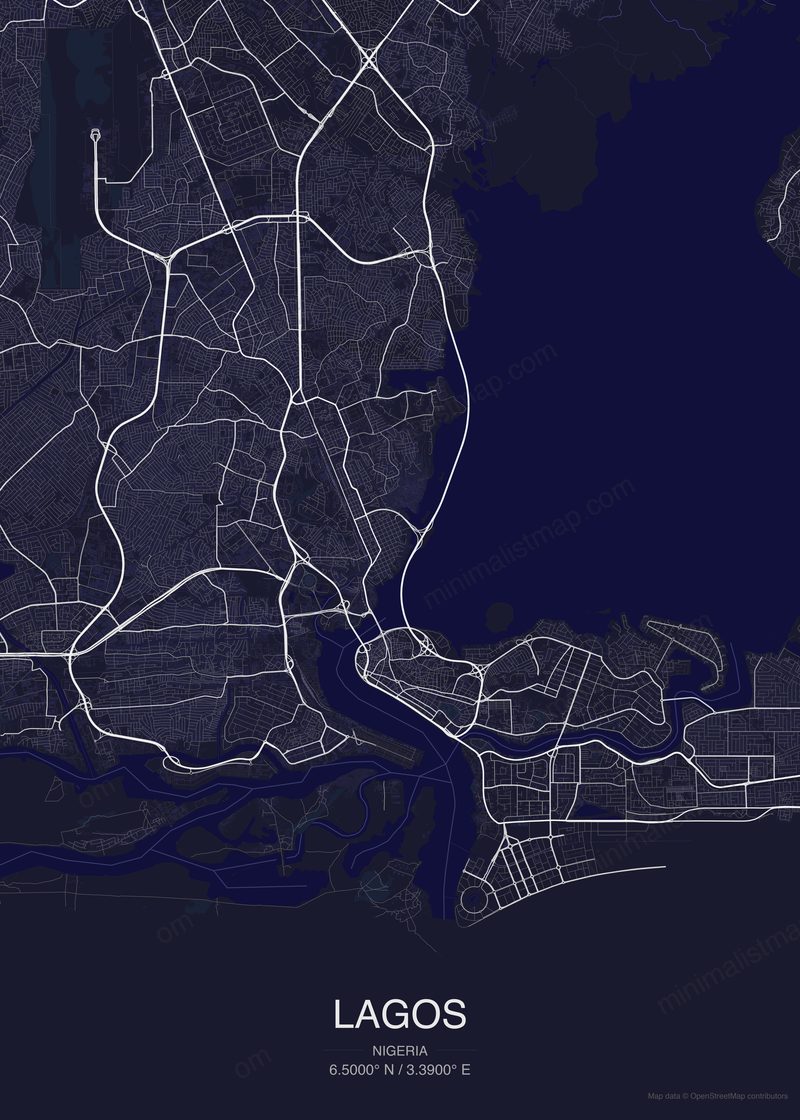 Lagos map poster dark style - minimalist navy city map