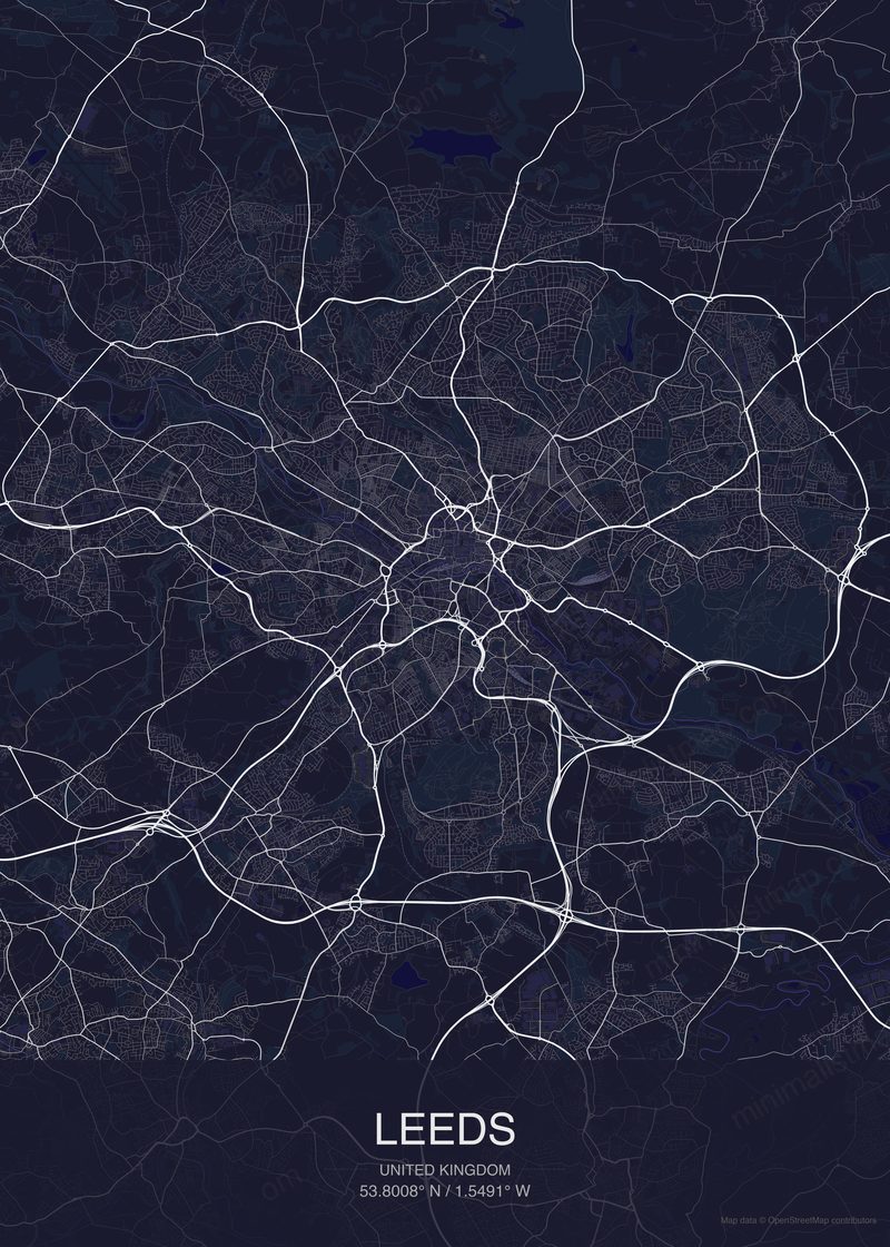 Leeds map poster dark style - minimalist navy city map