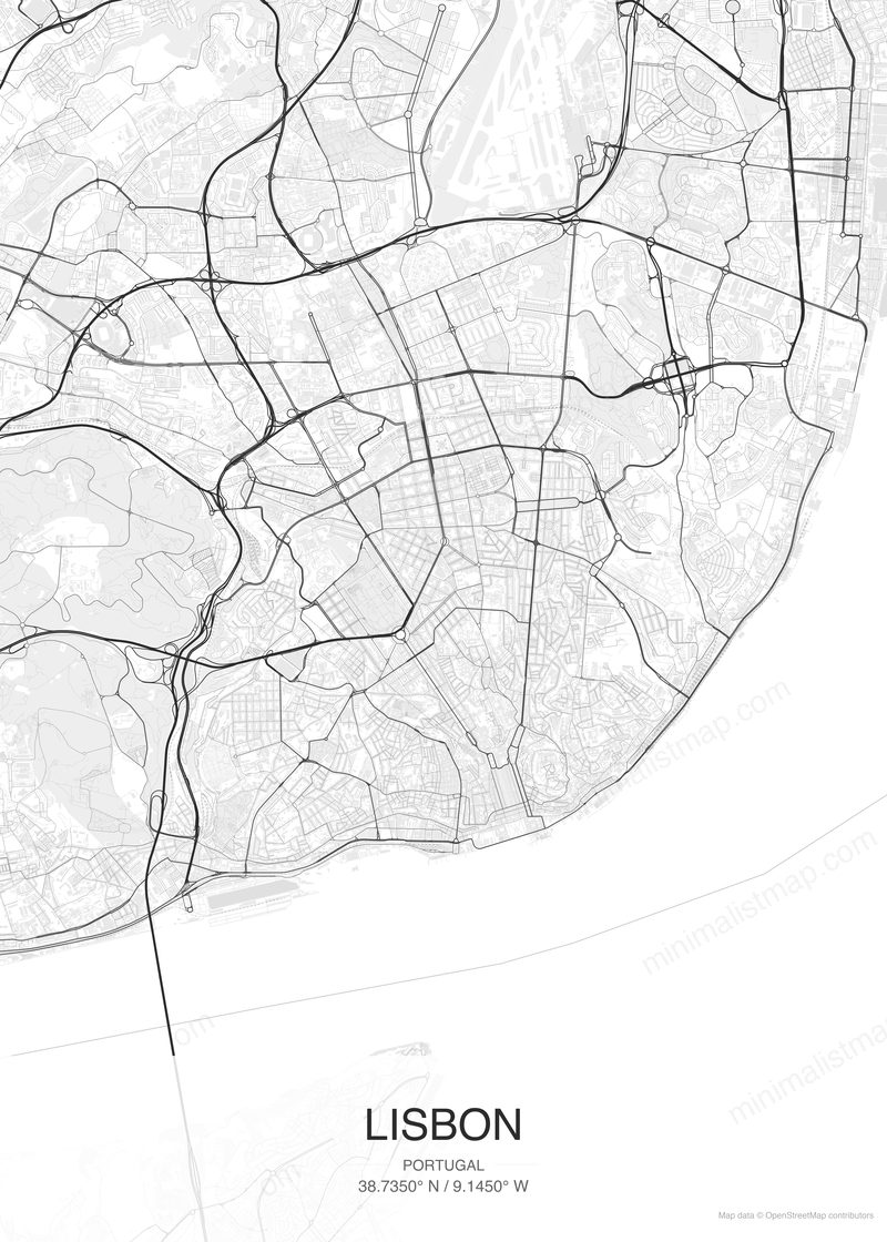 Lisbon map poster classic style - minimalist black and white city map