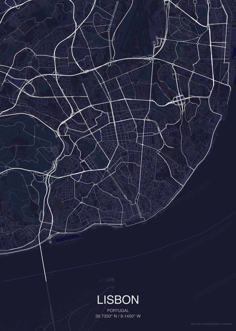 Lisbon map poster dark style - minimalist navy city map