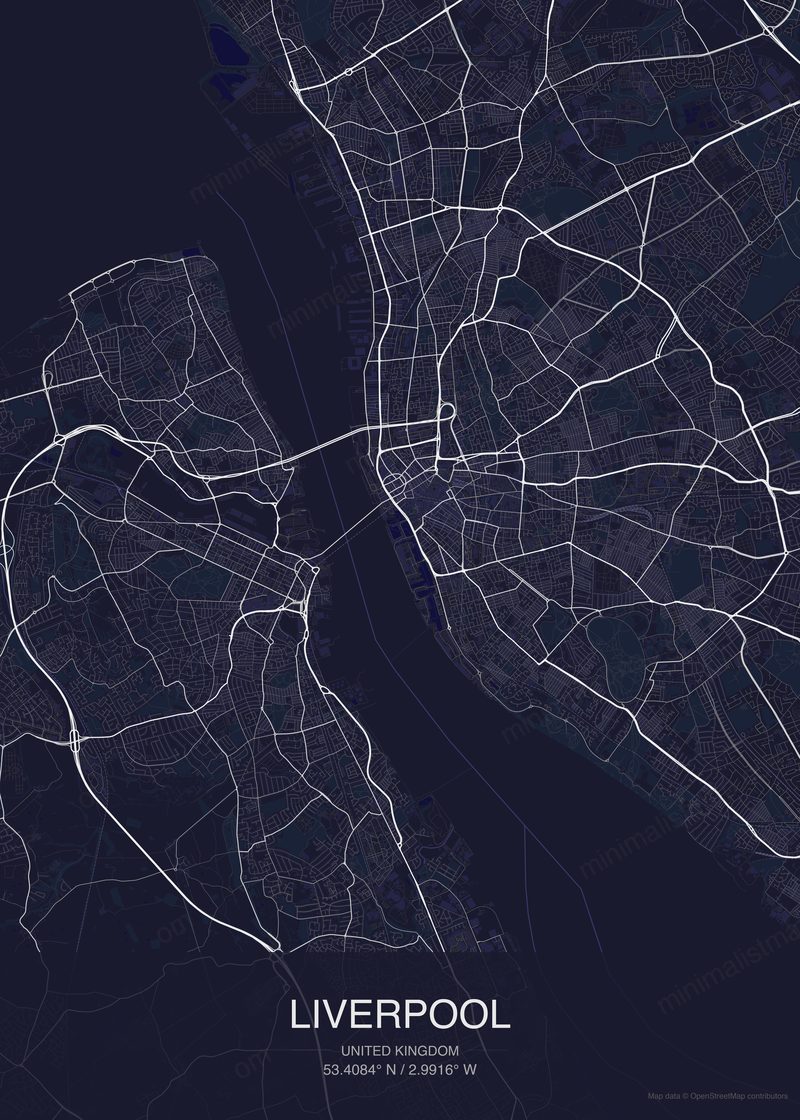Liverpool map poster dark style - minimalist navy city map