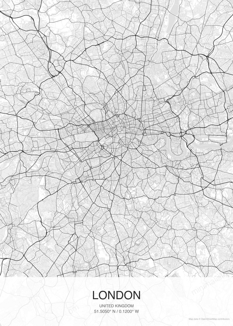 London map poster classic style - minimalist black and white city map