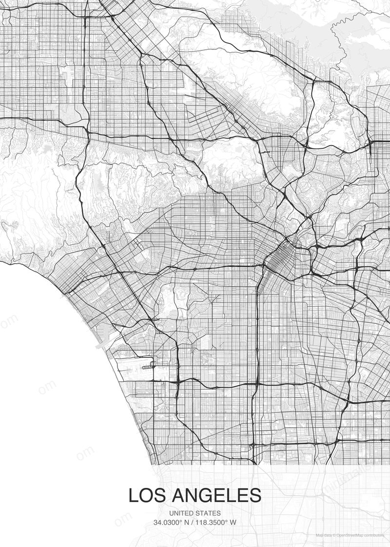 Los Angeles map poster classic style - minimalist black and white city map