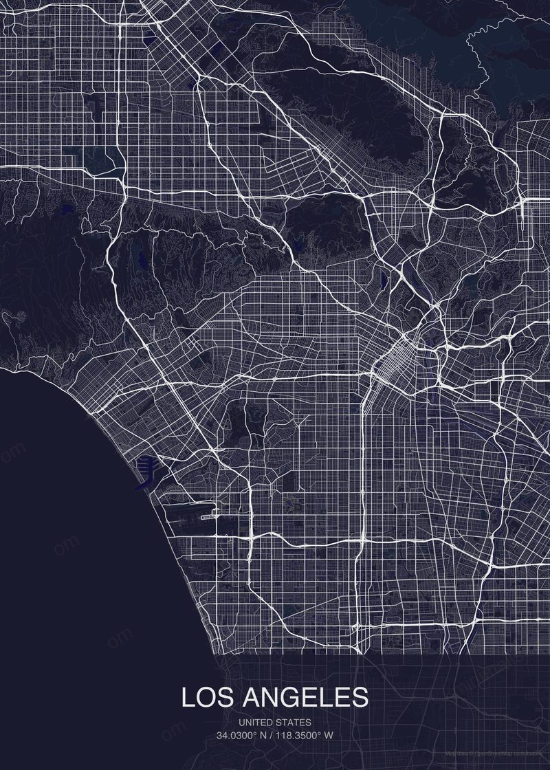 Los Angeles map poster dark style - minimalist navy city map