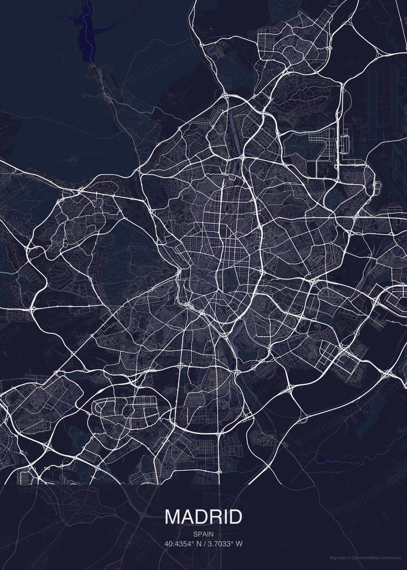 Madrid map poster dark style - minimalist navy city map