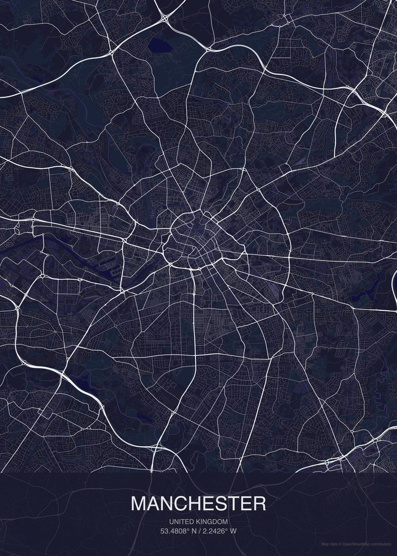 Manchester map poster dark style - minimalist navy city map