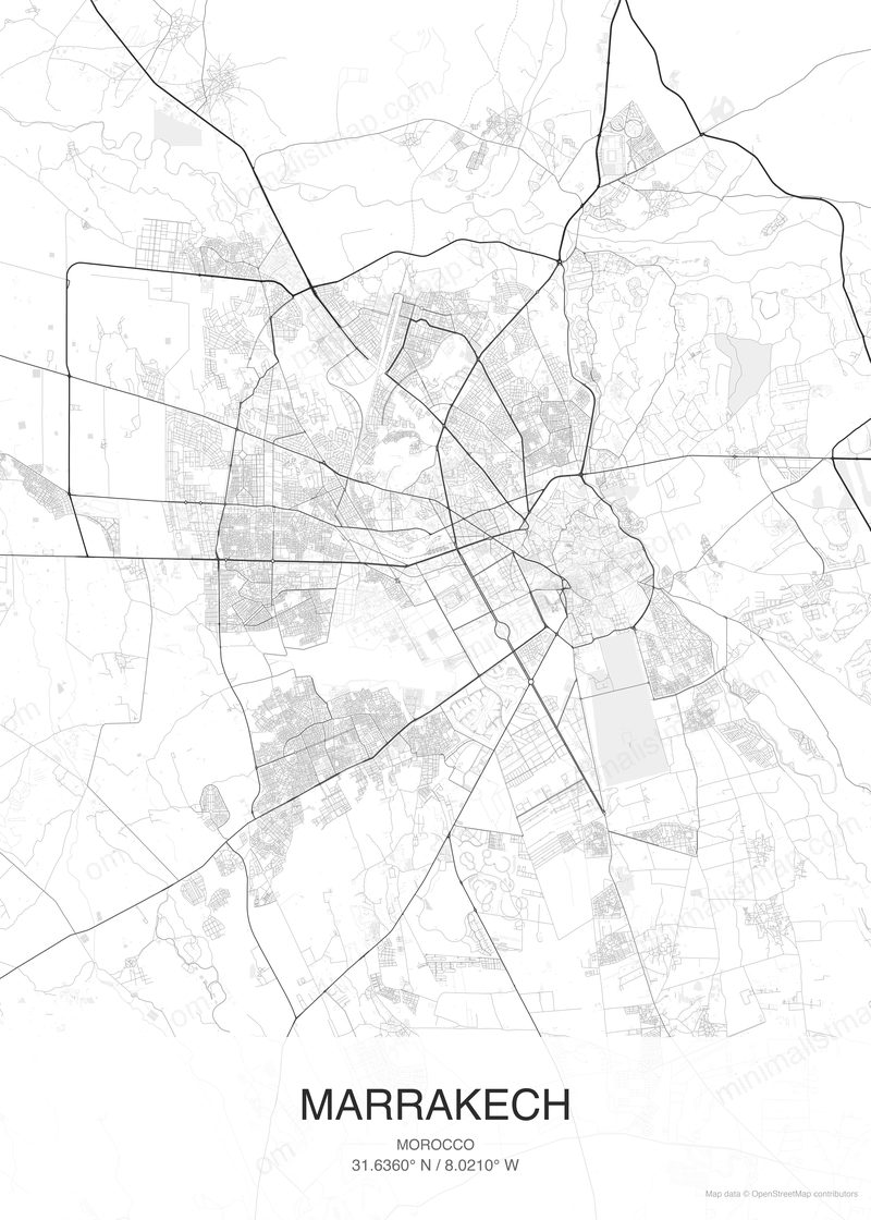 Marrakech map poster classic style - minimalist black and white city map
