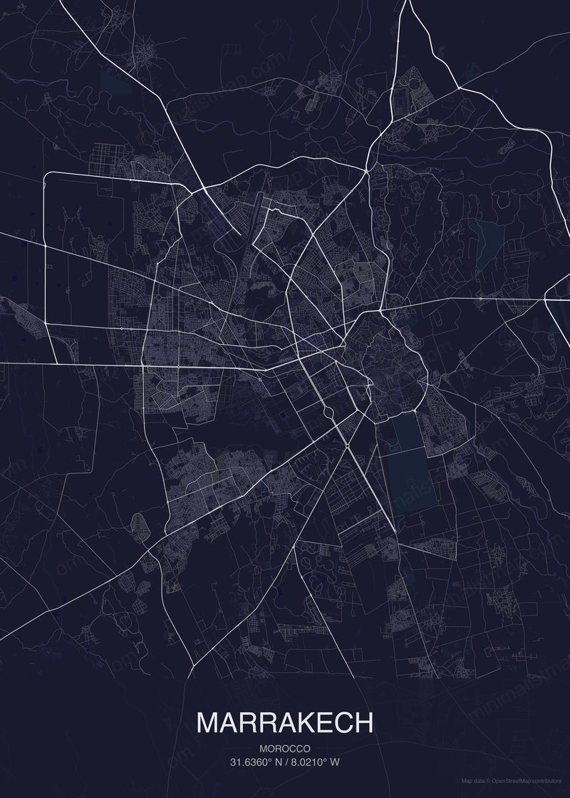 Marrakech map poster dark style - minimalist navy city map