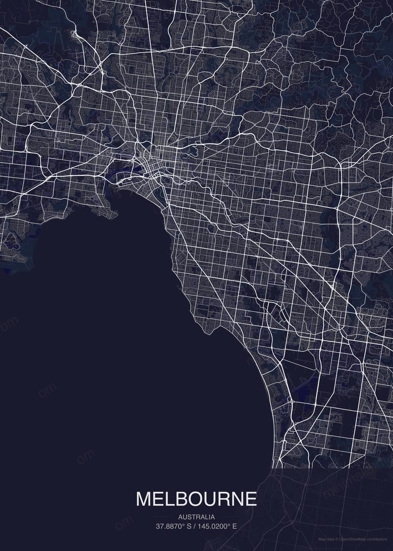 Melbourne map poster dark style - minimalist navy city map
