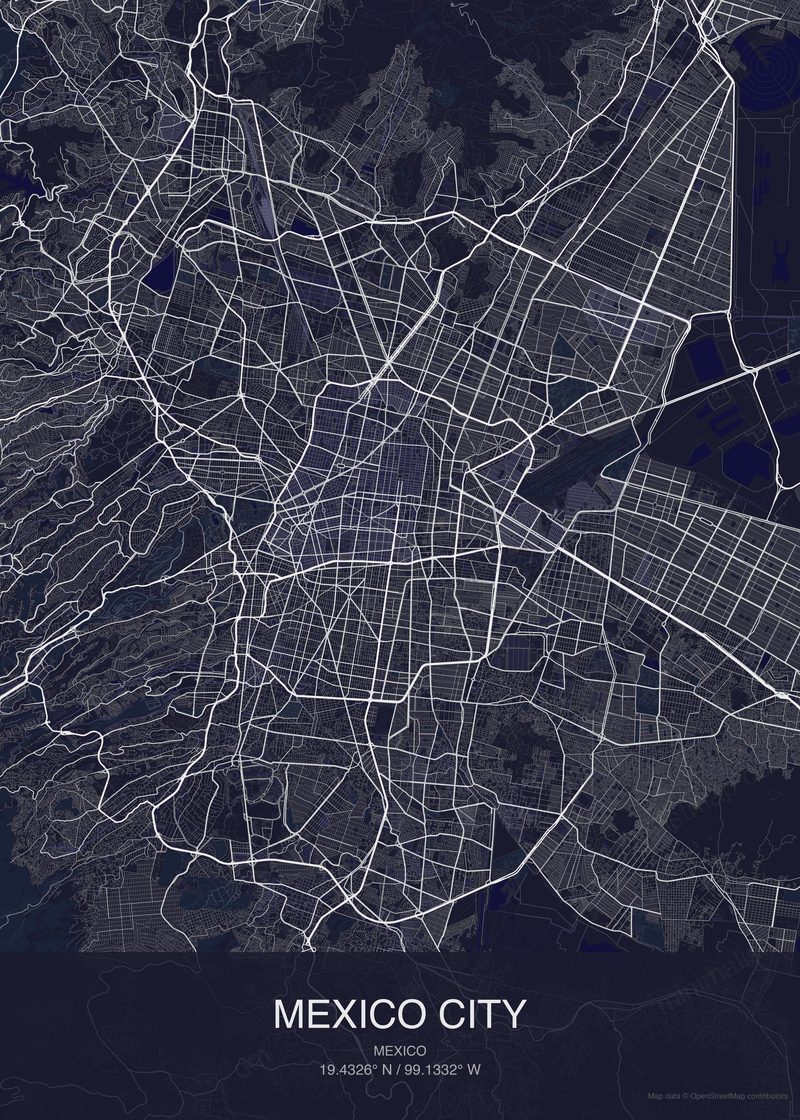 Mexico City map poster dark style - minimalist navy city map
