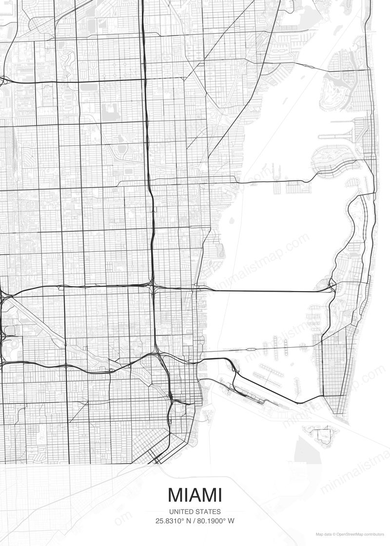 Miami map poster classic style - minimalist black and white city map