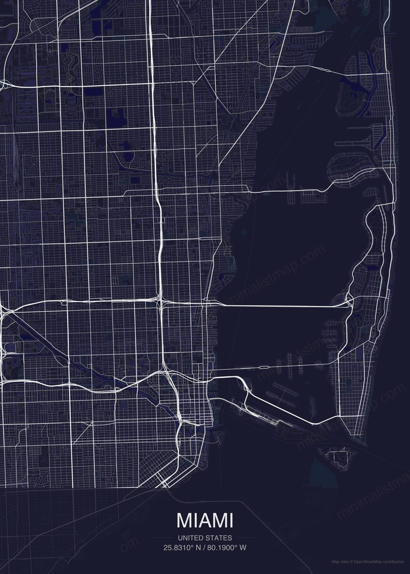 Miami map poster dark style - minimalist navy city map