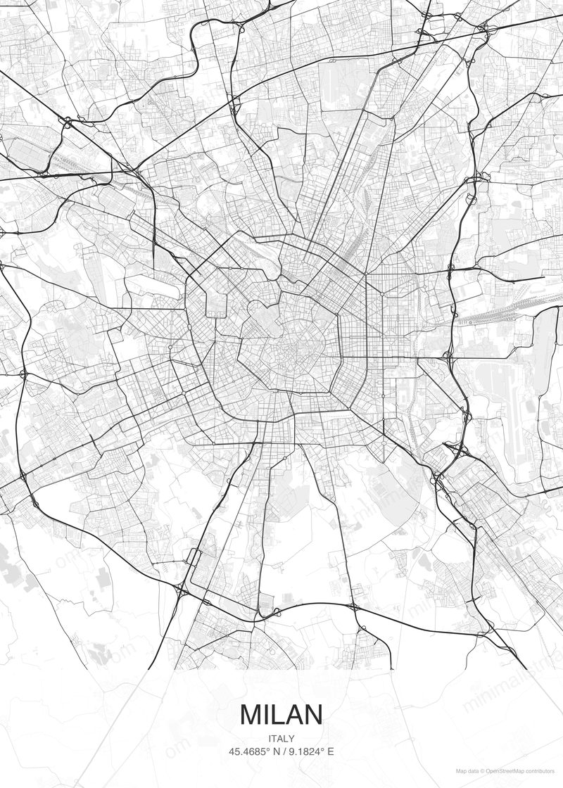 Milan map poster classic style - minimalist black and white city map