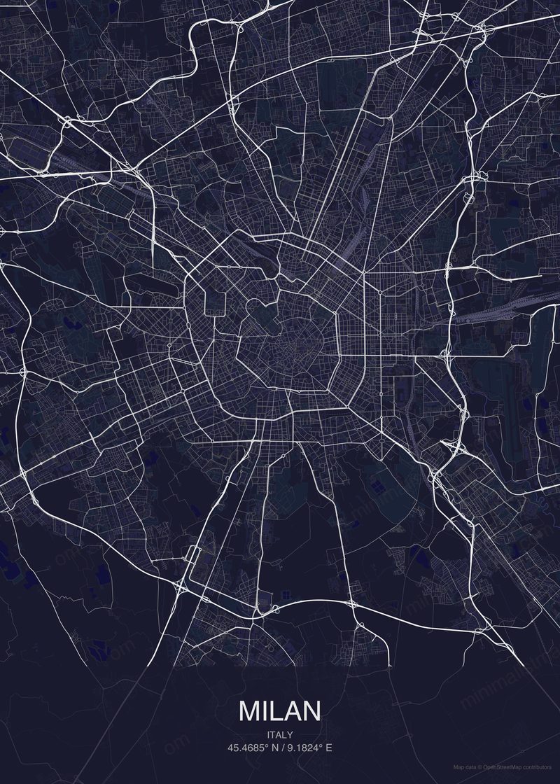 Milan map poster dark style - minimalist navy city map