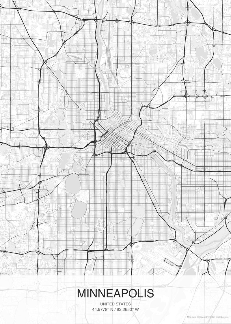 Minneapolis map poster classic style - minimalist black and white city map