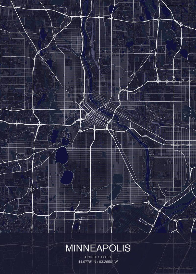 Minneapolis map poster dark style - minimalist navy city map
