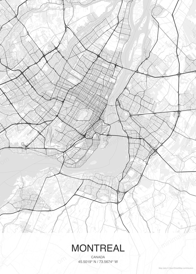 Montreal map poster classic style - minimalist black and white city map