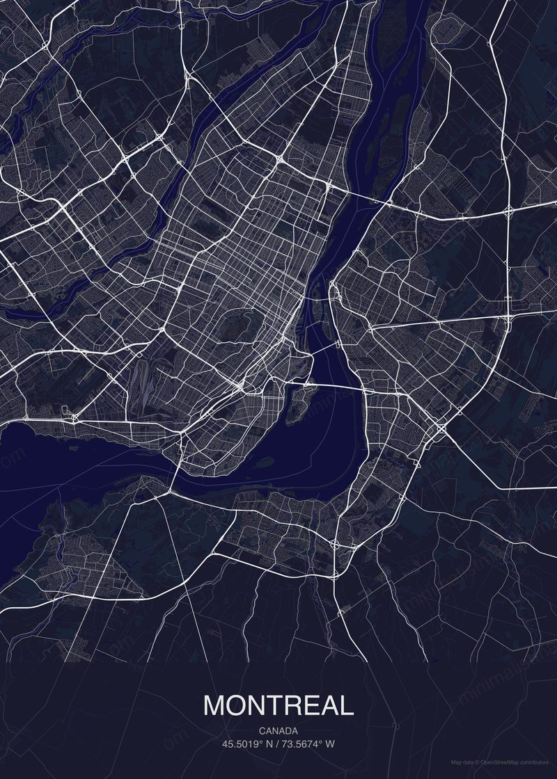 Montreal map poster dark style - minimalist navy city map