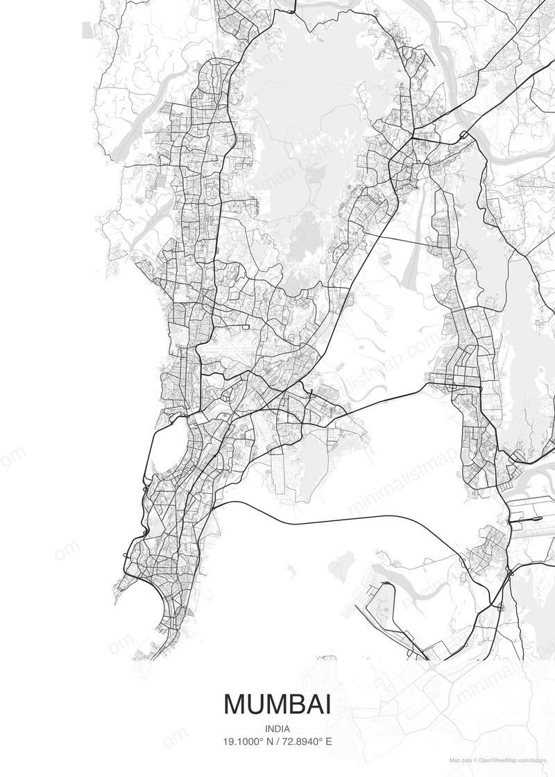 Mumbai map poster classic style - minimalist black and white city map