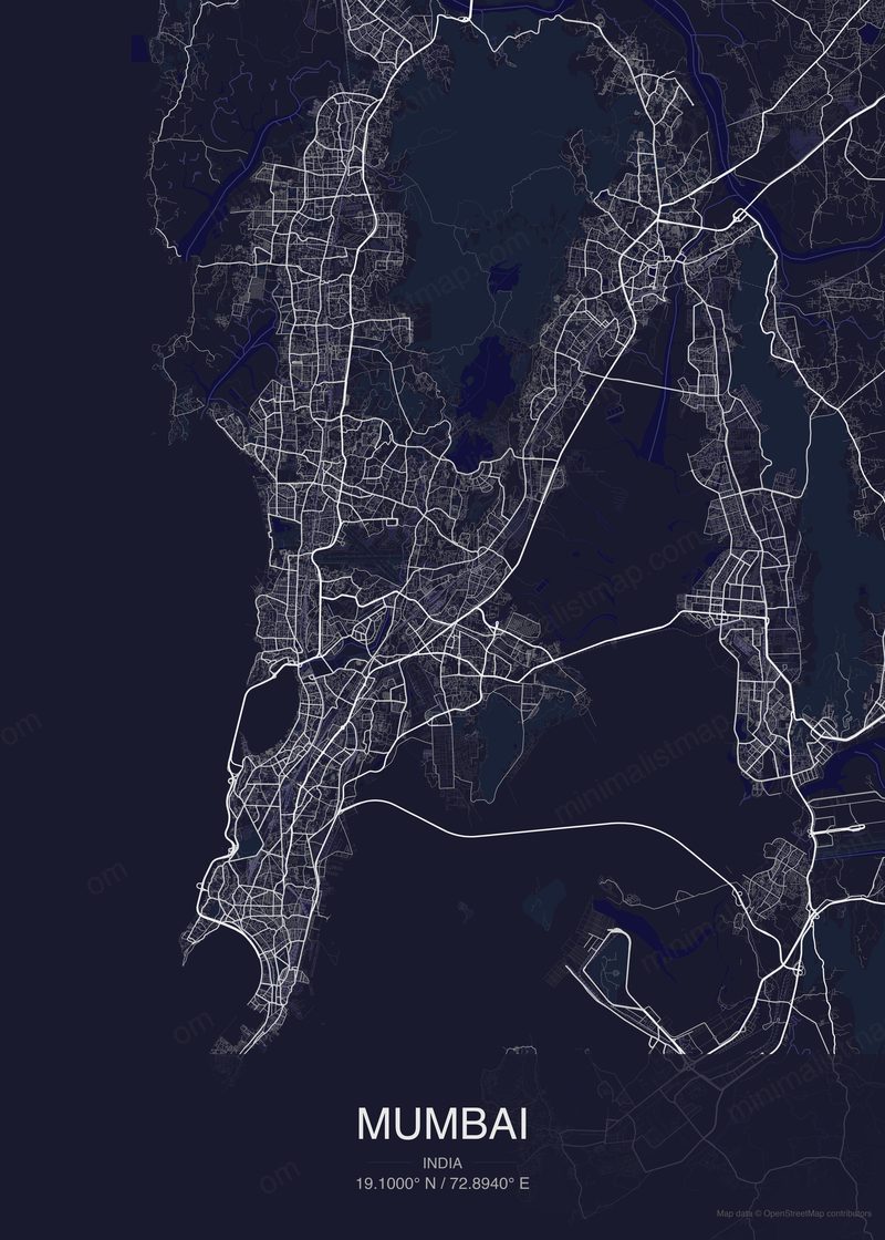 Mumbai map poster dark style - minimalist navy city map