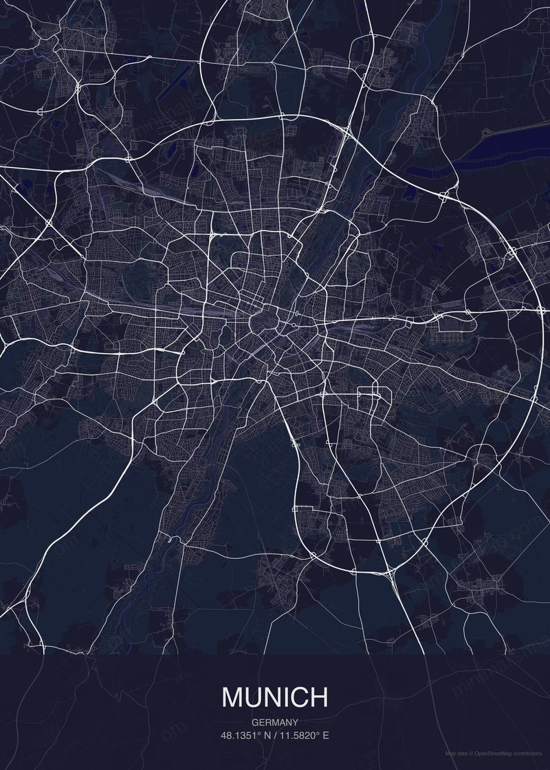 Munich map poster dark style - minimalist navy city map