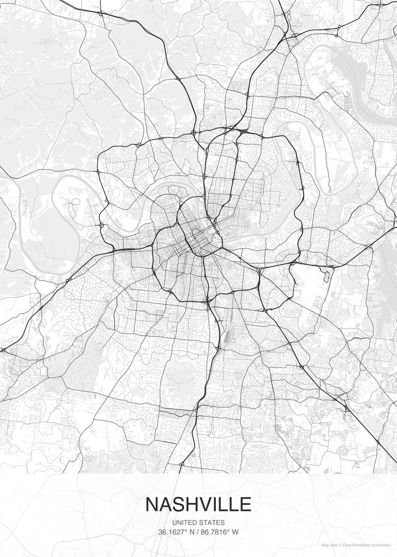 Nashville map poster classic style - minimalist black and white city map