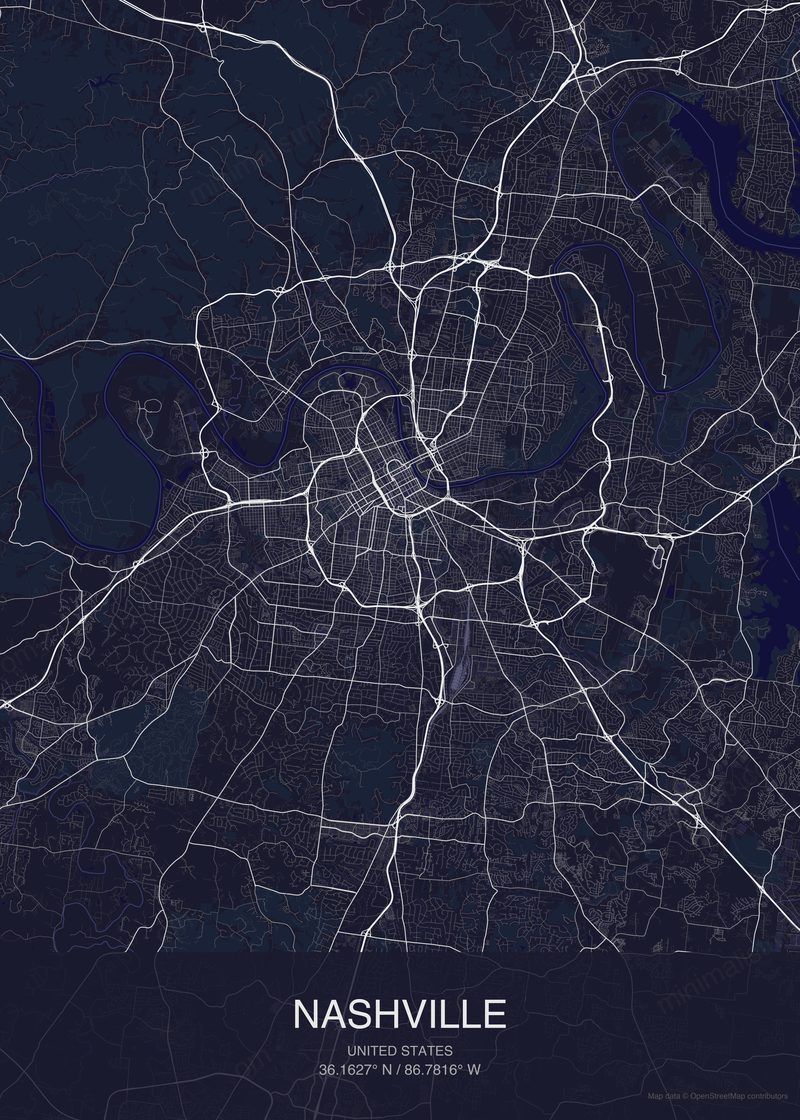 Nashville map poster dark style - minimalist navy city map