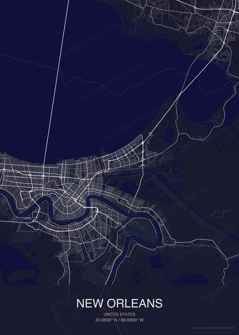 New Orleans map poster dark style - minimalist navy city map