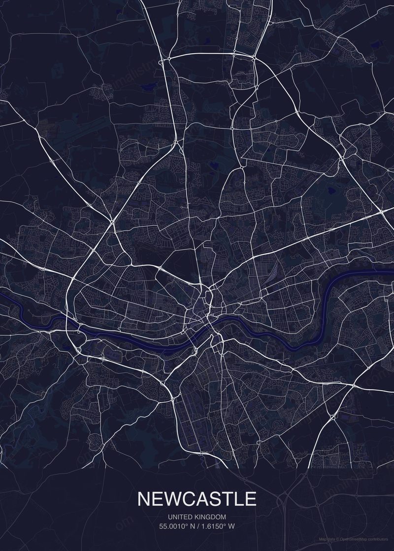 Newcastle map poster dark style - minimalist navy city map