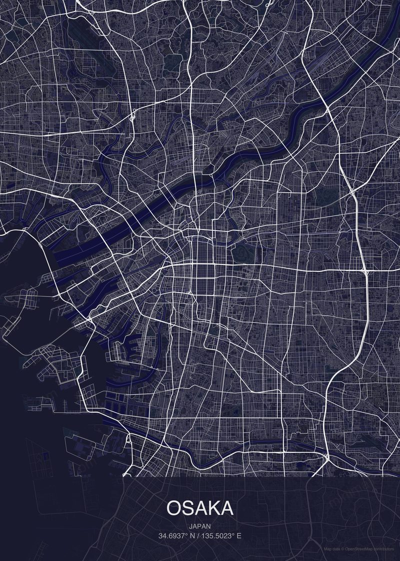 Osaka map poster dark style - minimalist navy city map