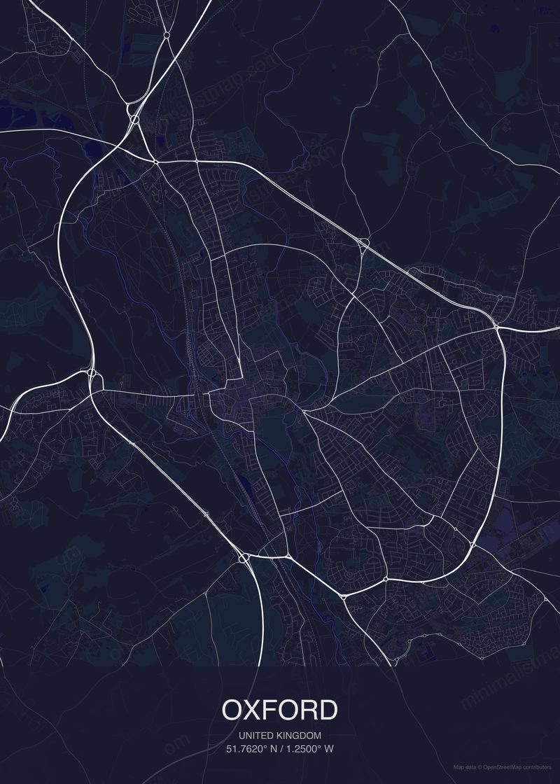 Oxford map poster dark style - minimalist navy city map