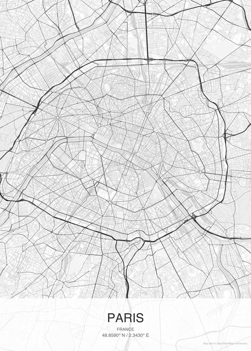 Paris map poster classic style - minimalist black and white city map