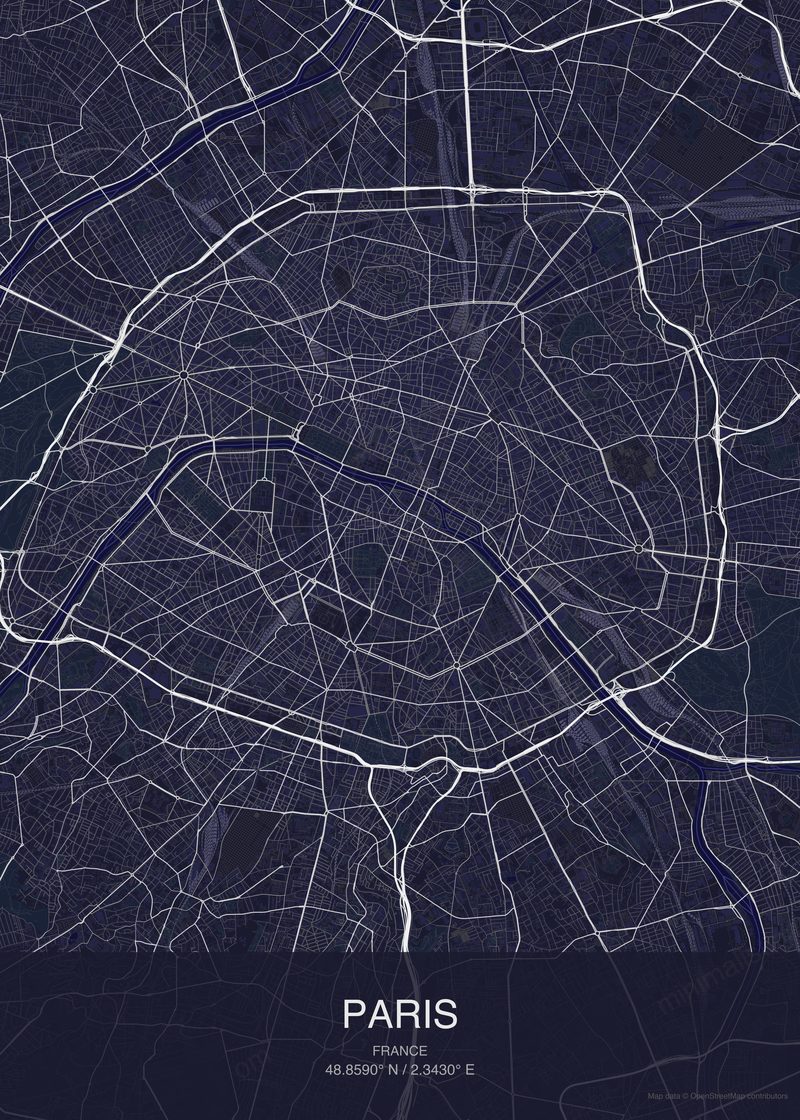 Paris map poster dark style - minimalist navy city map