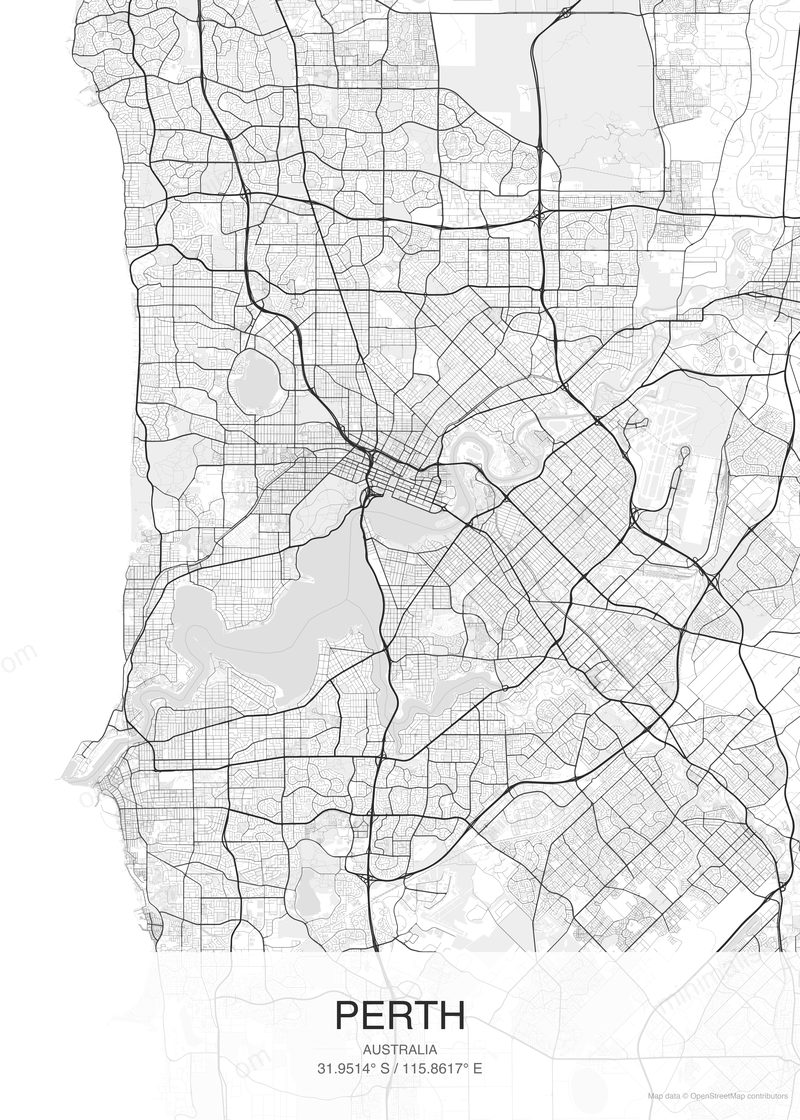 Perth map poster classic style - minimalist black and white city map